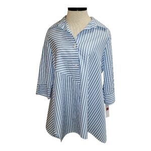 IC COLLECTION,  Blue and White Striped Button Down Shirt, Size SMALL